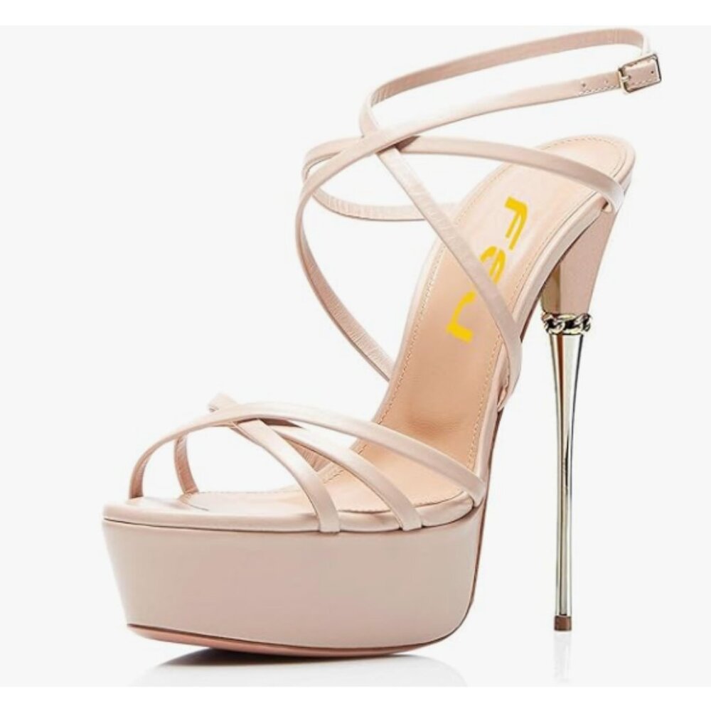 FSJ Nude Sexy Strappy Open Toe Platform Ankle Strap High Heel Metallic Sandals